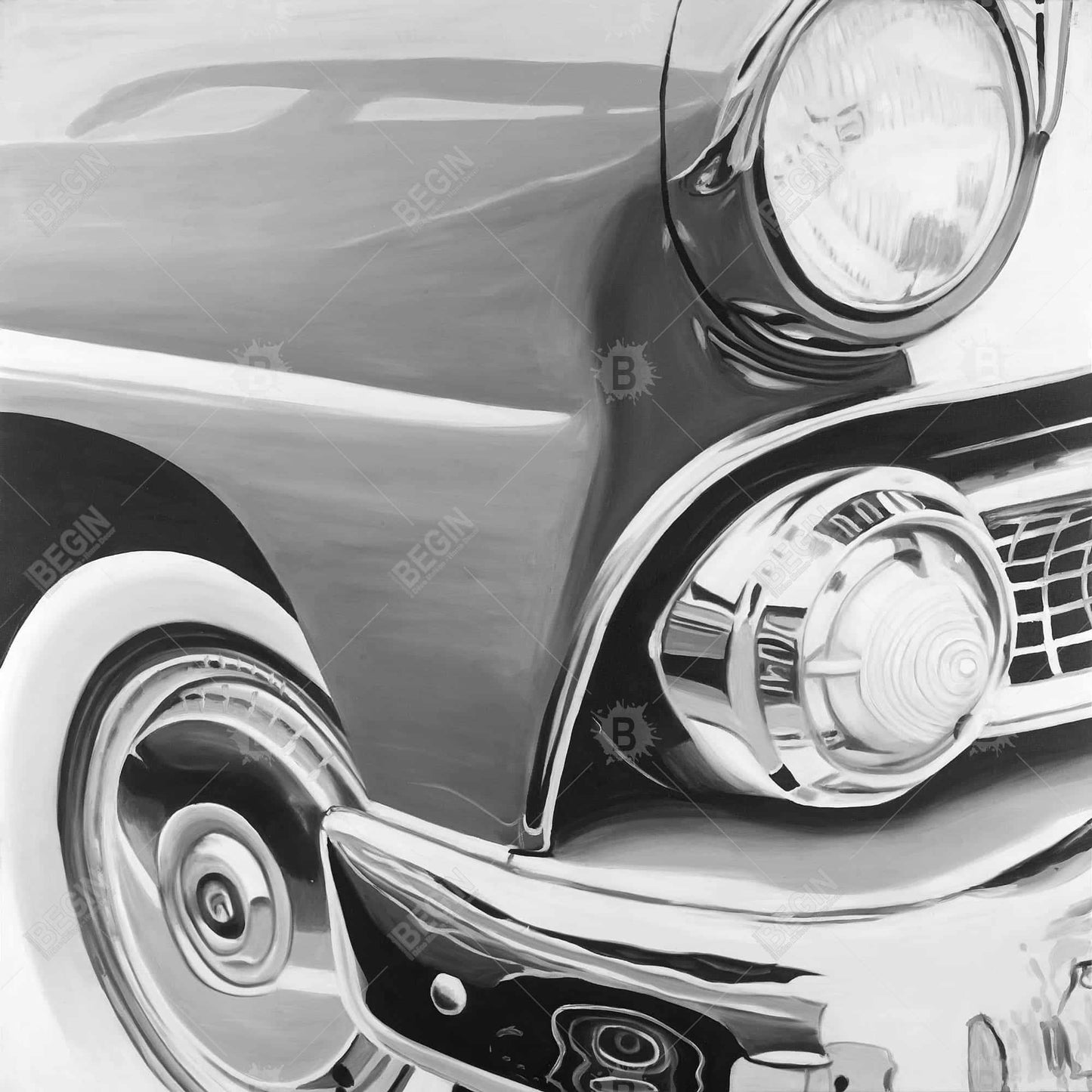 Beautiful Old Car Canvas - White Monochrome Home Decor Art