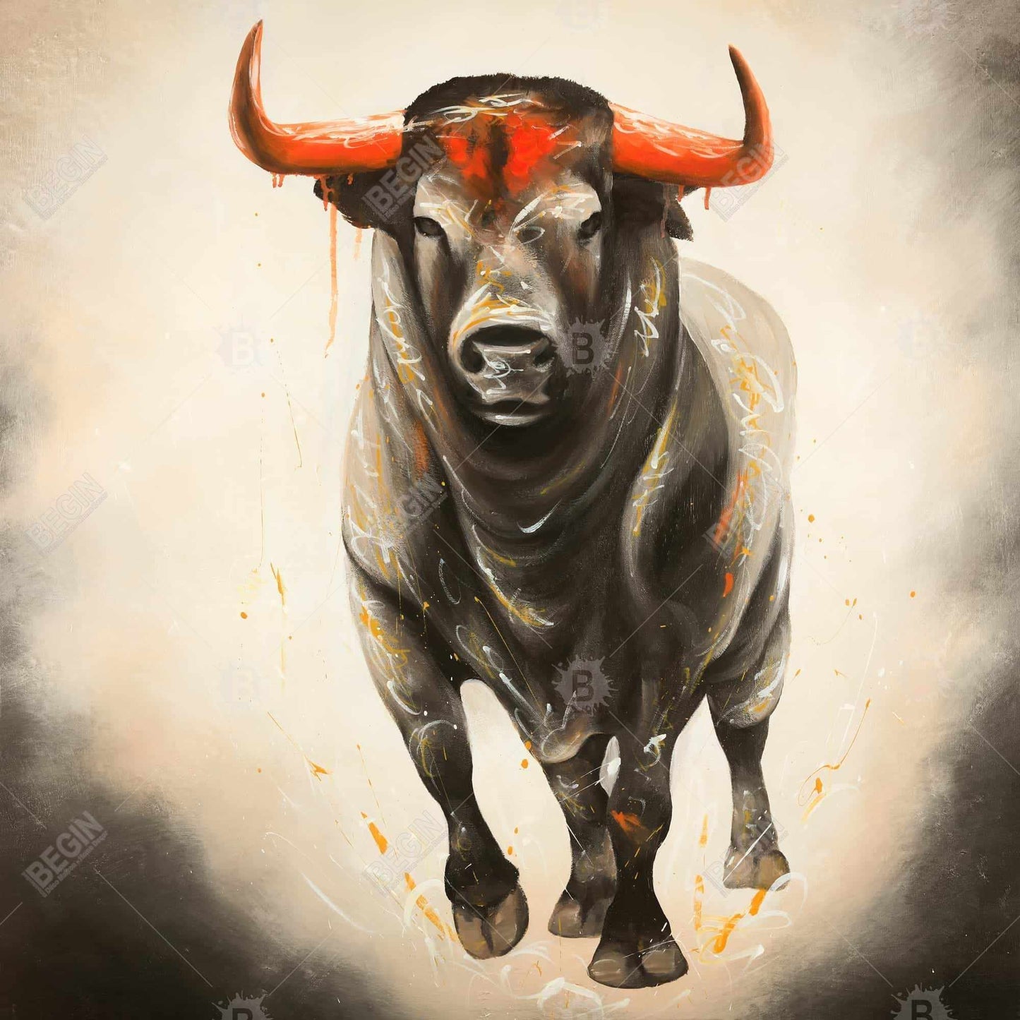 Décoration sur toile encadrée marron représentant un taureau féroce, animaux de la ferme occidentale
