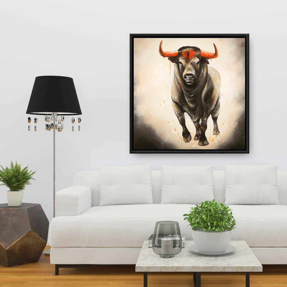 Décoration sur toile encadrée marron représentant un taureau féroce, animaux de la ferme occidentale