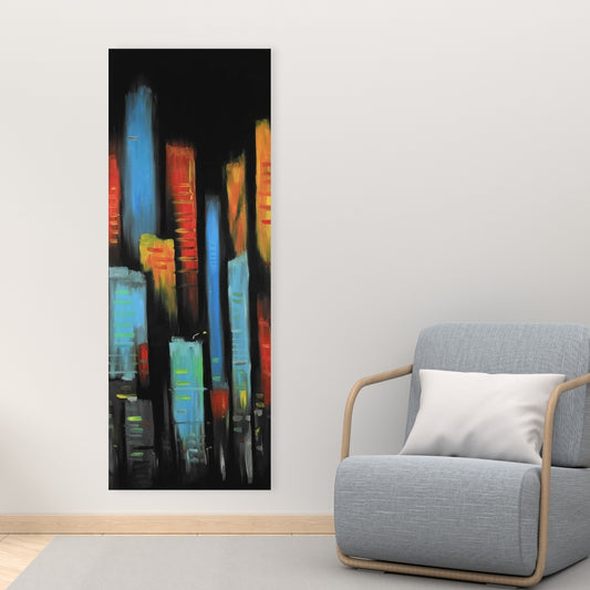 Toile abstraite de grands immeubles colorés – Décoration de chambre bleue