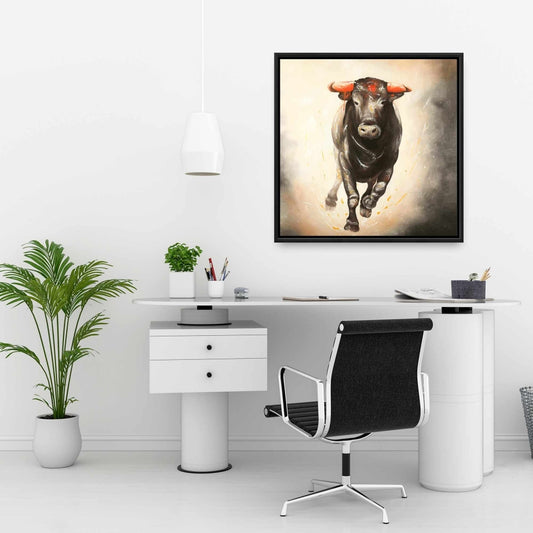 Bull Running Western Framed Canvas | Farm Animal Home Decor