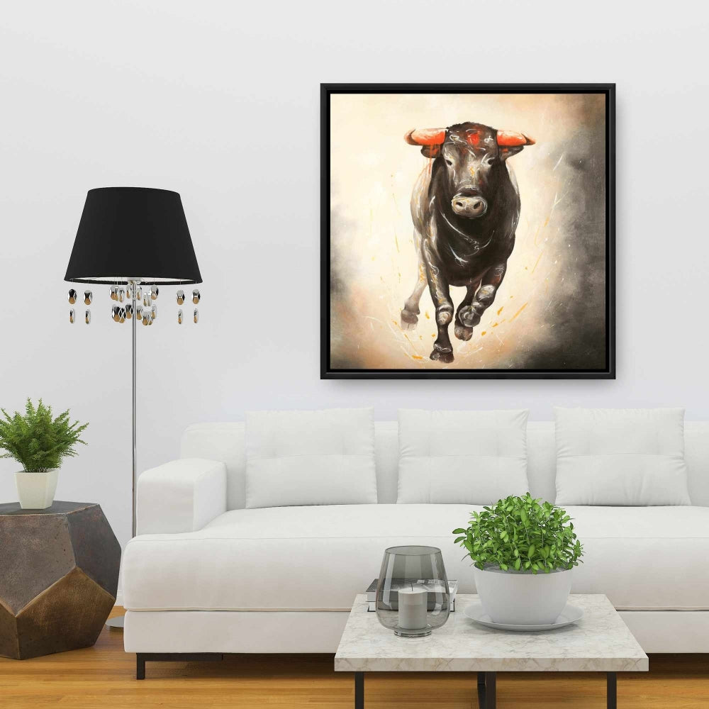Toile encadrée « Taureau en fuite » | Décoration d'intérieur avec animaux de la ferme
