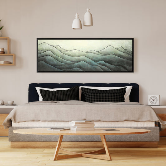 Dans les vagues - Décoration de chambre à coucher sur toile encadrée blanche avec montagnes