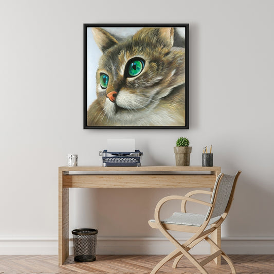 Brown Bedroom Hyperrealist Peaceful Cat Portrait Framed Canvas