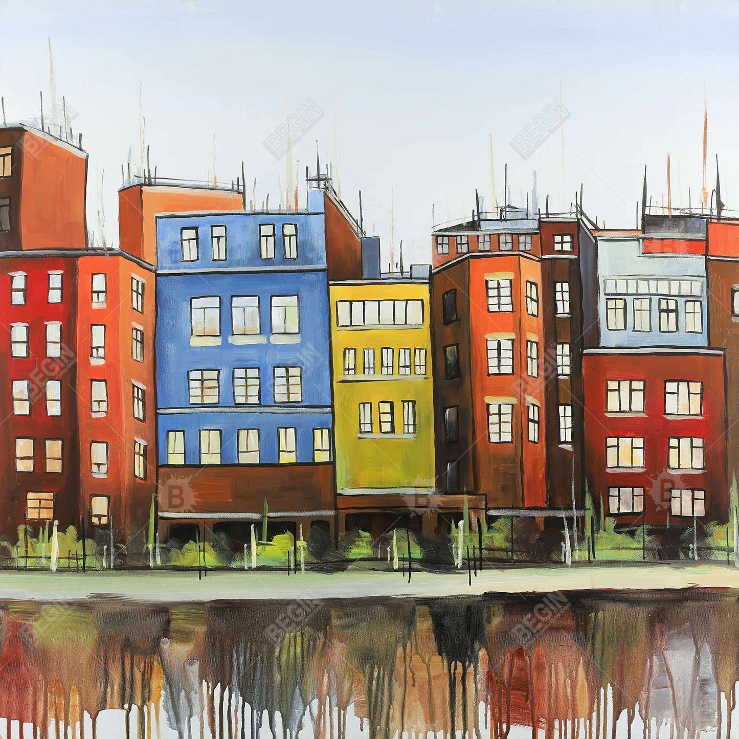 Boston Colorful Buildings Canvas - Blue Bedroom Wall Art Decor