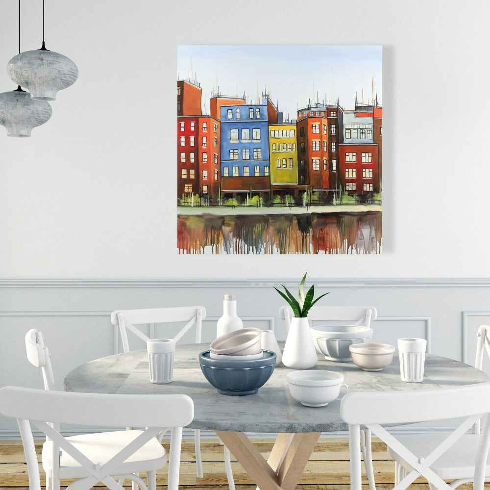 Boston Colorful Buildings Canvas - Blue Bedroom Wall Art Decor