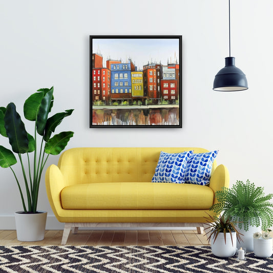 Toile représentant des bâtiments colorés de Boston - Décoration murale bleue pour chambre à coucher