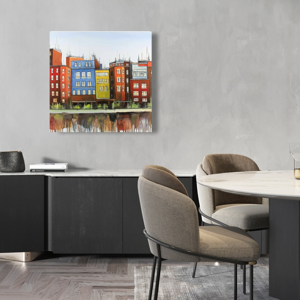 Boston Colorful Buildings Canvas - Blue Bedroom Wall Art Decor