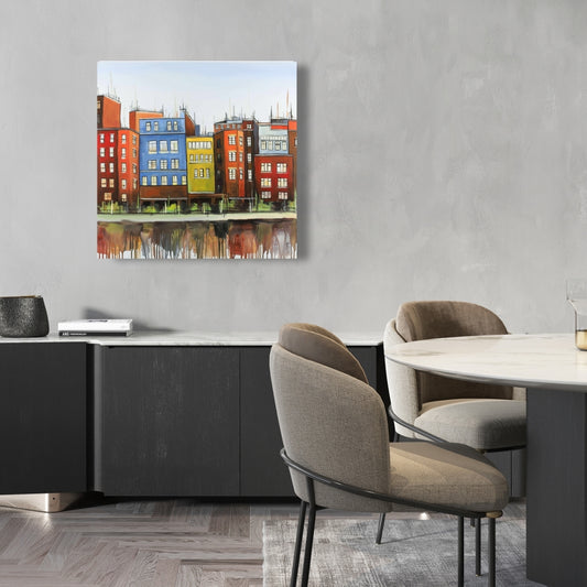 Toile représentant des bâtiments colorés de Boston - Décoration murale bleue pour chambre à coucher