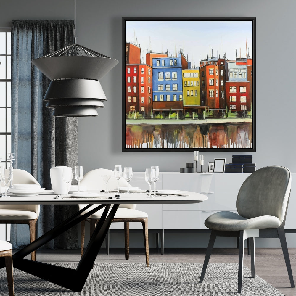 Toile représentant des bâtiments colorés de Boston - Décoration murale bleue pour chambre à coucher
