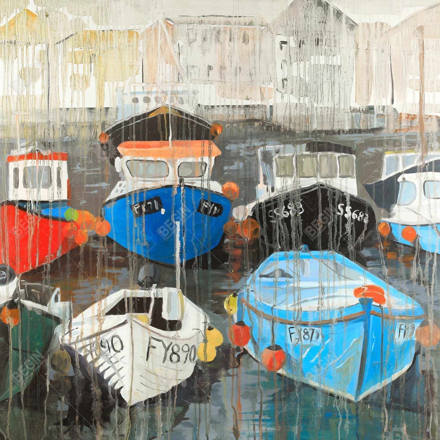 Pluie décolorée au port | Toile décorative encadrée bleue