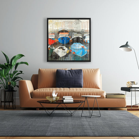 Pluie décolorée au port | Toile décorative encadrée bleue