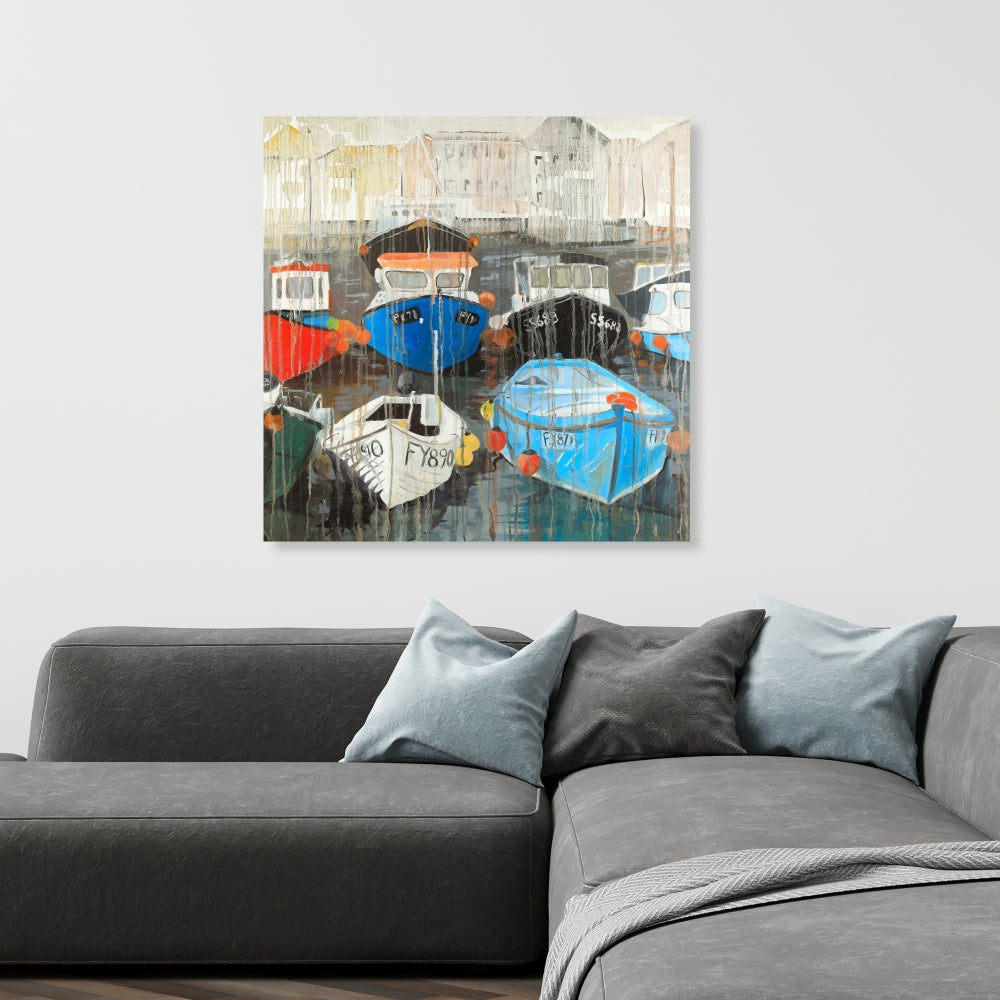 Color Fading Rain at the Port - Coastal Blue Canvas Decor
