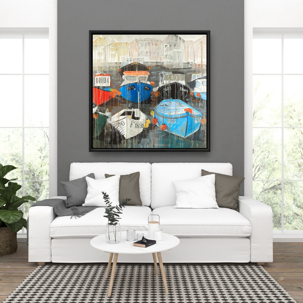 Pluie décolorée au port | Toile décorative encadrée bleue