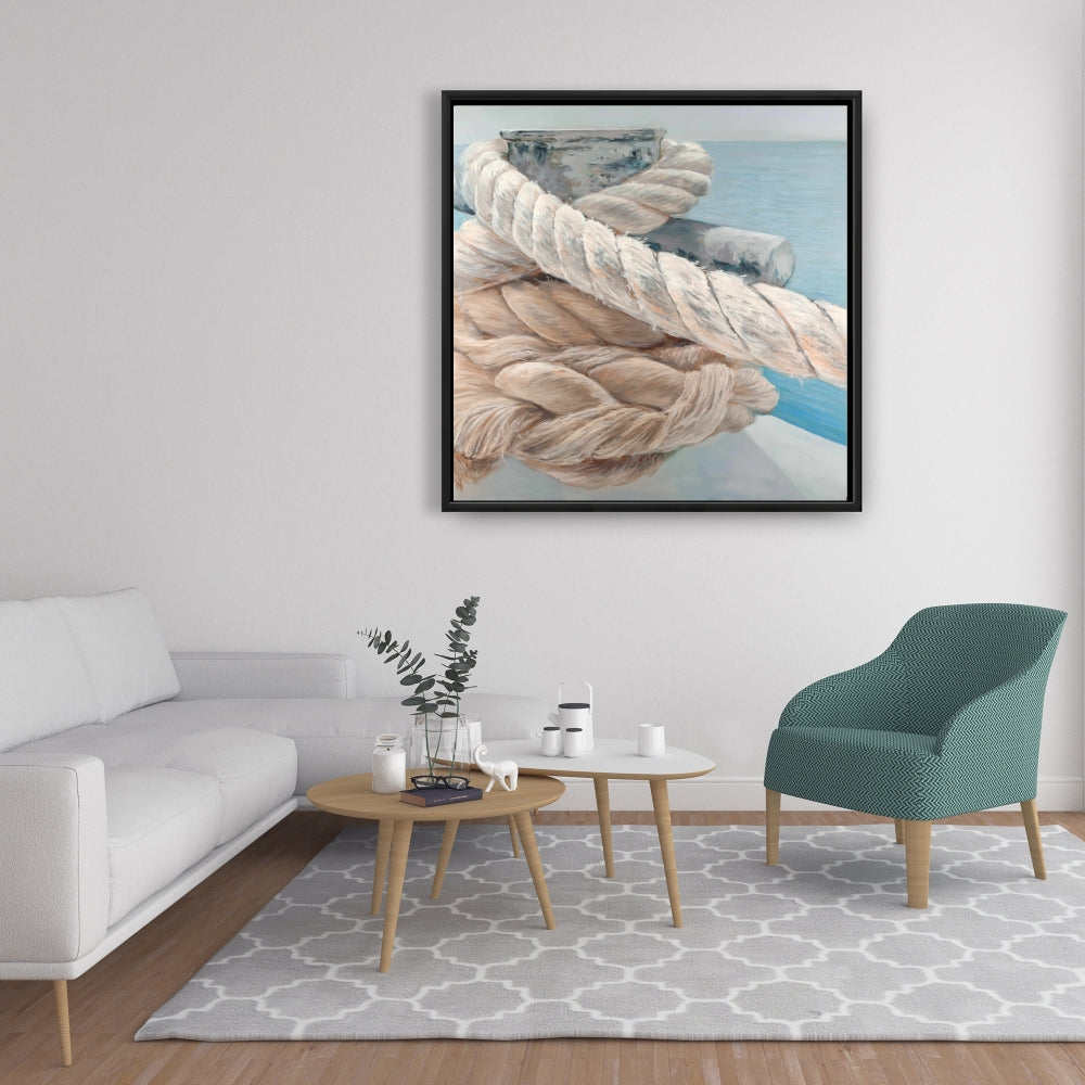 Toile de bateau côtier – Gros plan sur les cordes d'arrimage | Cadre blanc décoratif