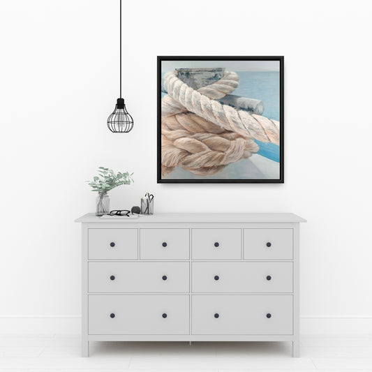 Toile de bateau côtier – Gros plan sur les cordes d'arrimage | Cadre blanc décoratif