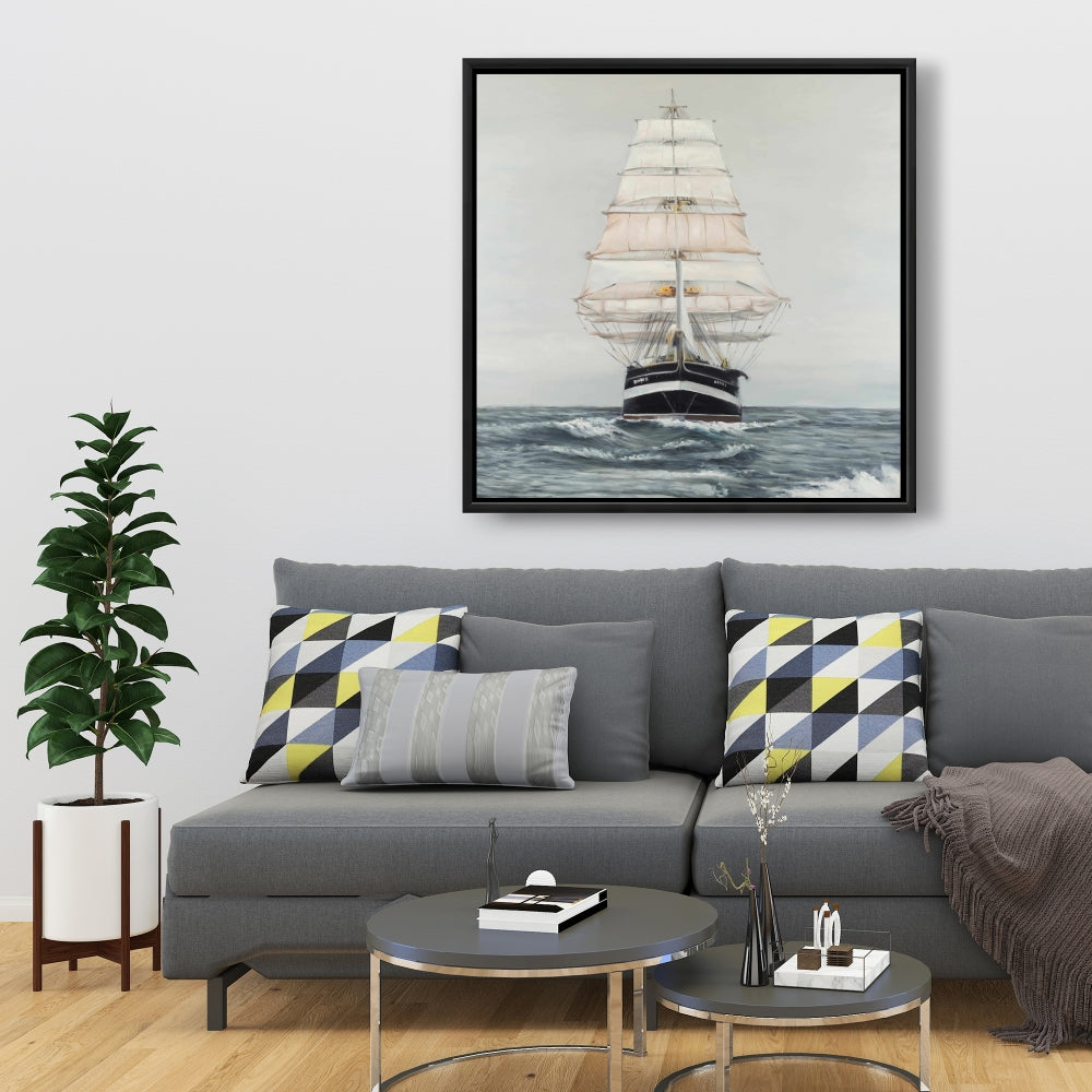 Toile « Navire naviguant doucement » | Cadre blanc | Décoration de chambre bateau