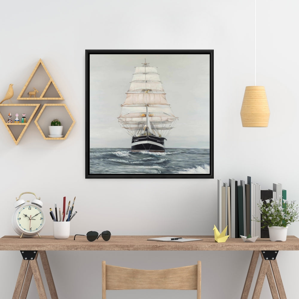 Toile « Navire naviguant doucement » | Cadre blanc | Décoration de chambre bateau