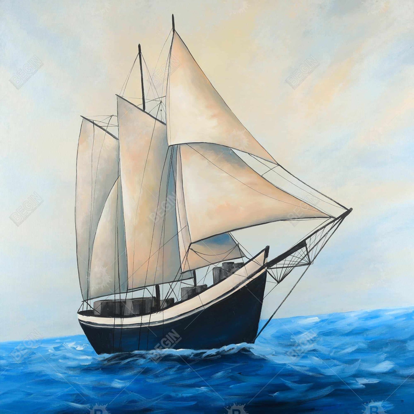 Blue Boat Bedroom Canvas - Ship Sailing by Sunny Day Decor