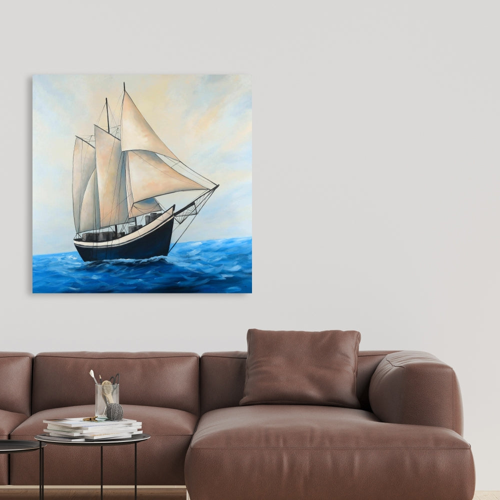Blue Boat Bedroom Canvas - Ship Sailing by Sunny Day Decor