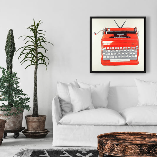 Toile vintage rouge représentant une machine à écrire | Décoration murale pour chambre