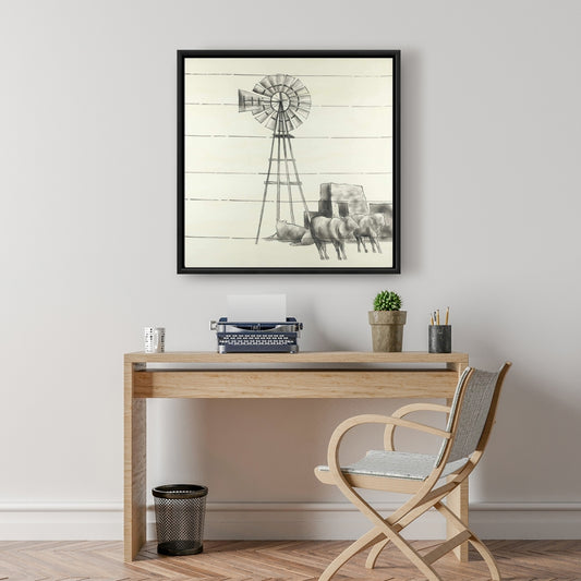 Toile vintage représentant un moulin à vent du Texas | Décoration d'intérieur encadrée grise