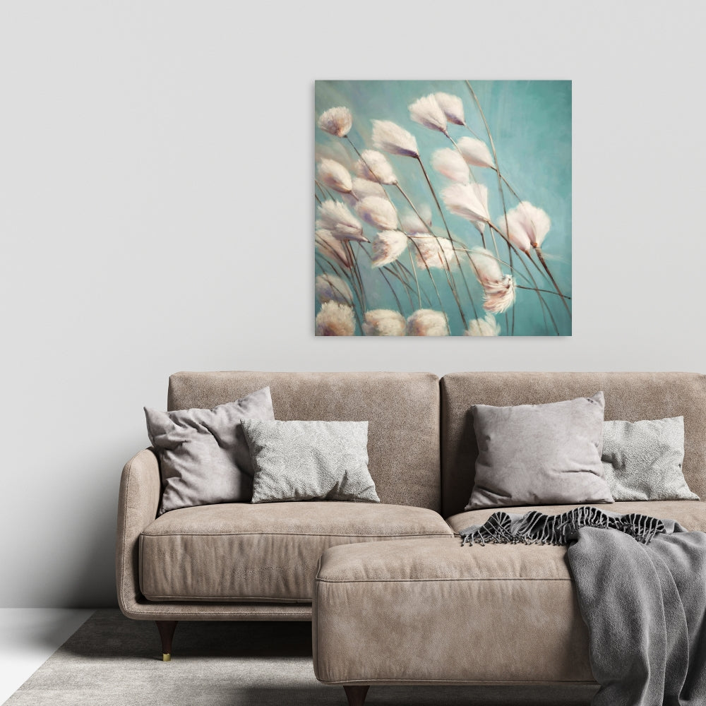 Bedroom Blue Botanical Canvas | Cotton Grass Flowers Decor