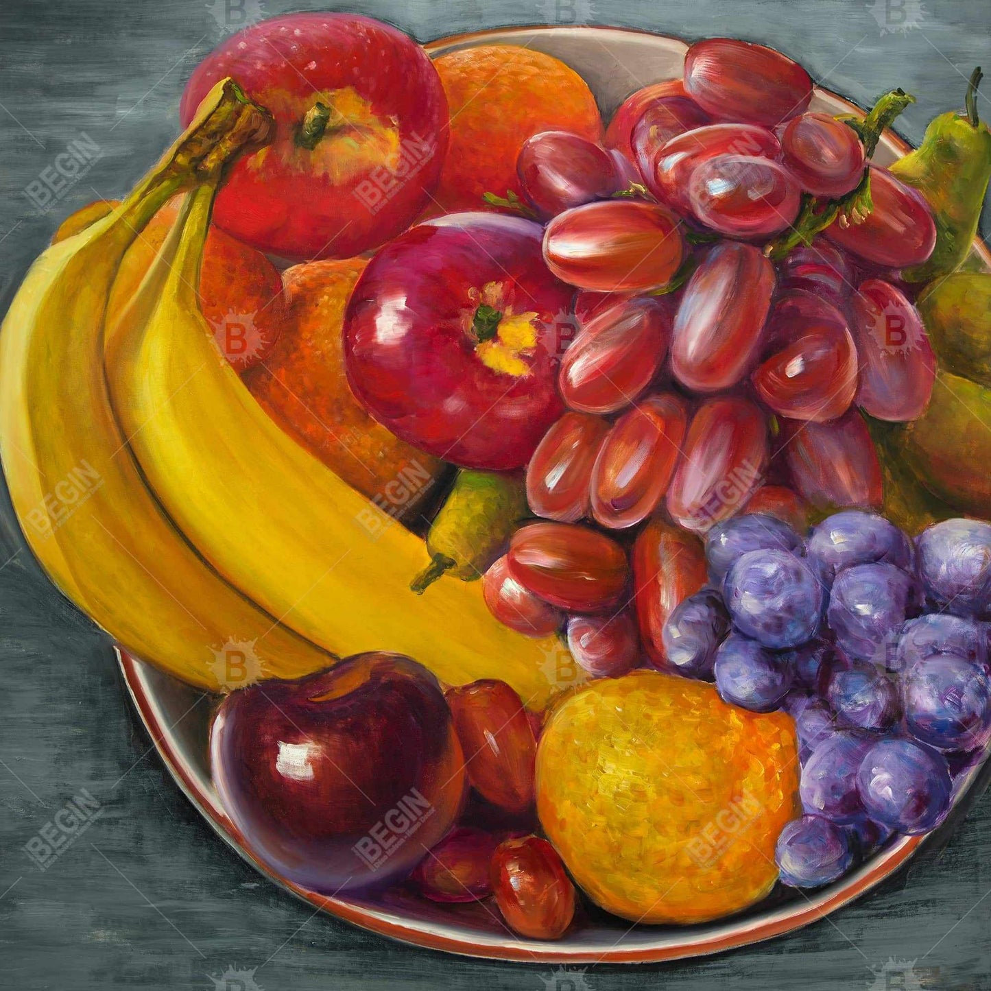 Gray Hyperrealist Bowl of Fruits Canvas - Home Decor Art