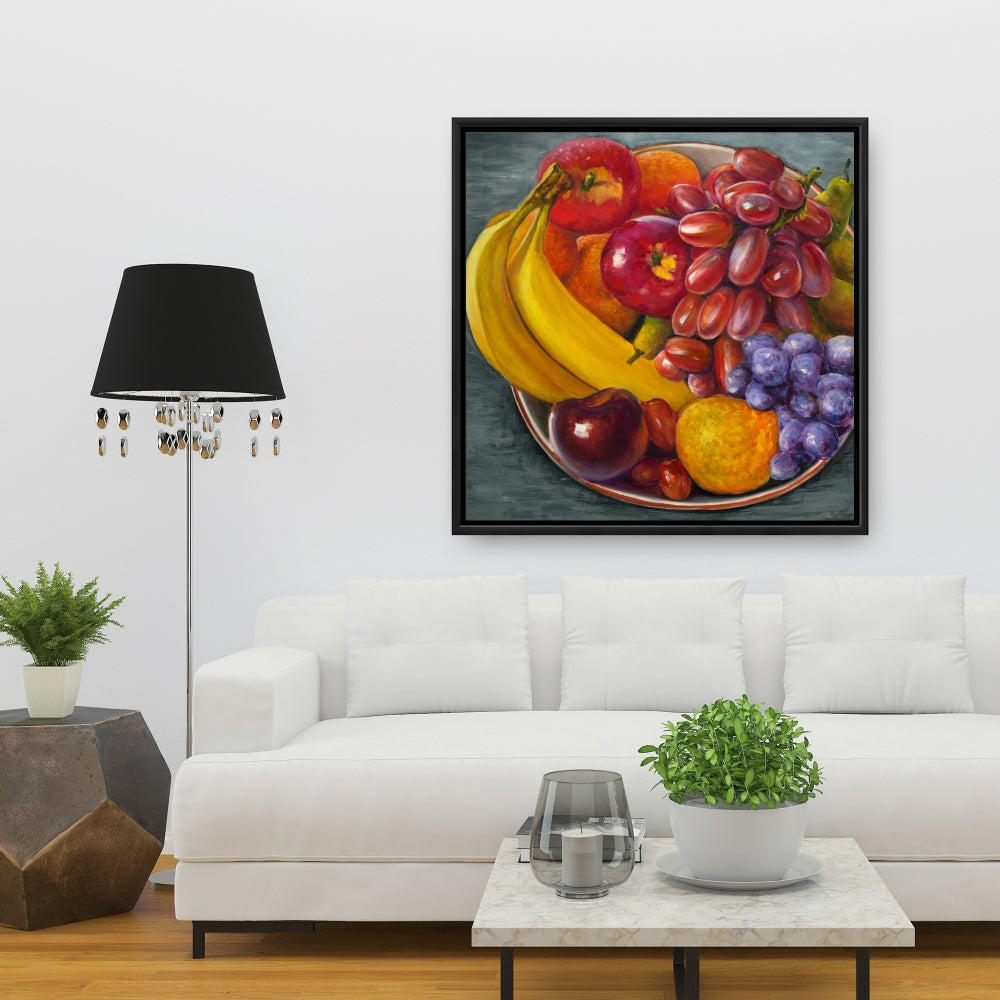 Toile hyperréaliste grise représentant un bol de fruits – Décoration d'intérieur