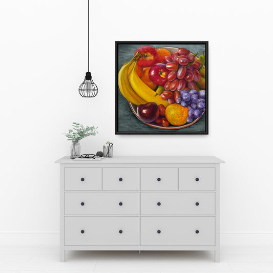 Toile hyperréaliste grise représentant un bol de fruits – Décoration d'intérieur