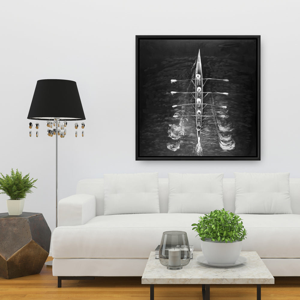 Toile encadrée blanche représentant un bateau à rames - Décoration d'intérieur sportive et ludique