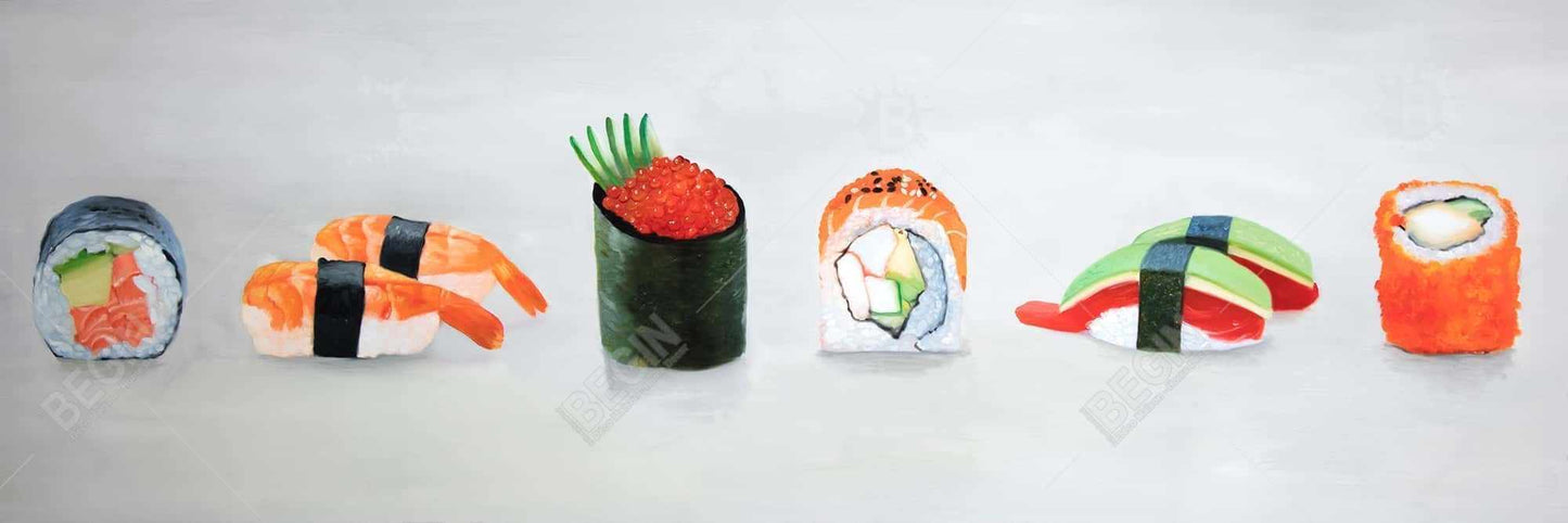 Asian Gray Kitchen Canvas | Six Pieces Sushi Assortment Decor