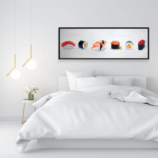 Toile « Délicieux sushis » – Décoration d'intérieur encadrée grise, cuisine asiatique