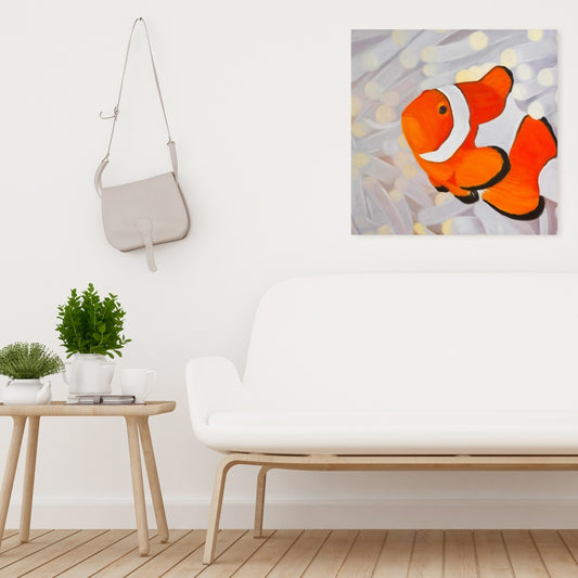 Toile Poisson-clown – Art aquatique animalier blanc pour la décoration intérieure