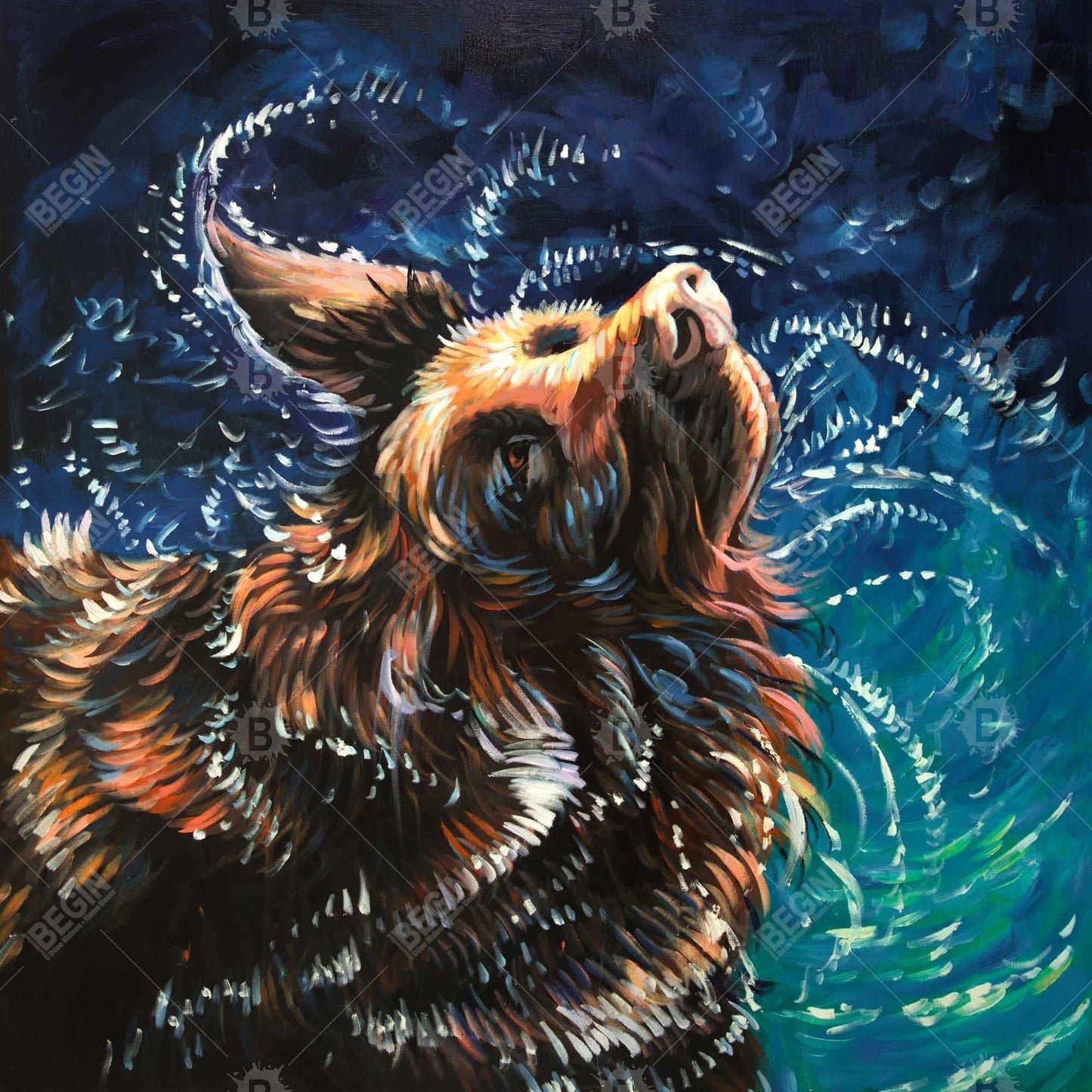 Wet Golden Retriever Shaking | Blue Contemporary Canvas