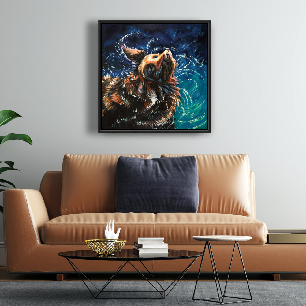 Wet Golden Retriever Shaking | Blue Contemporary Canvas