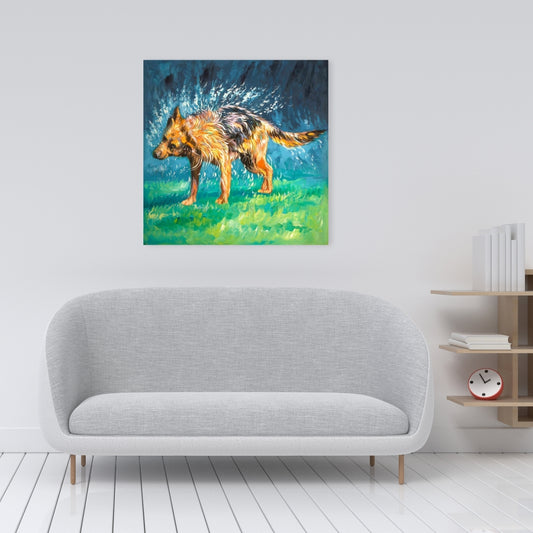 Toile essoreuse à motif berger allemand mouillé | Décoration d'intérieur bleue pour animaux