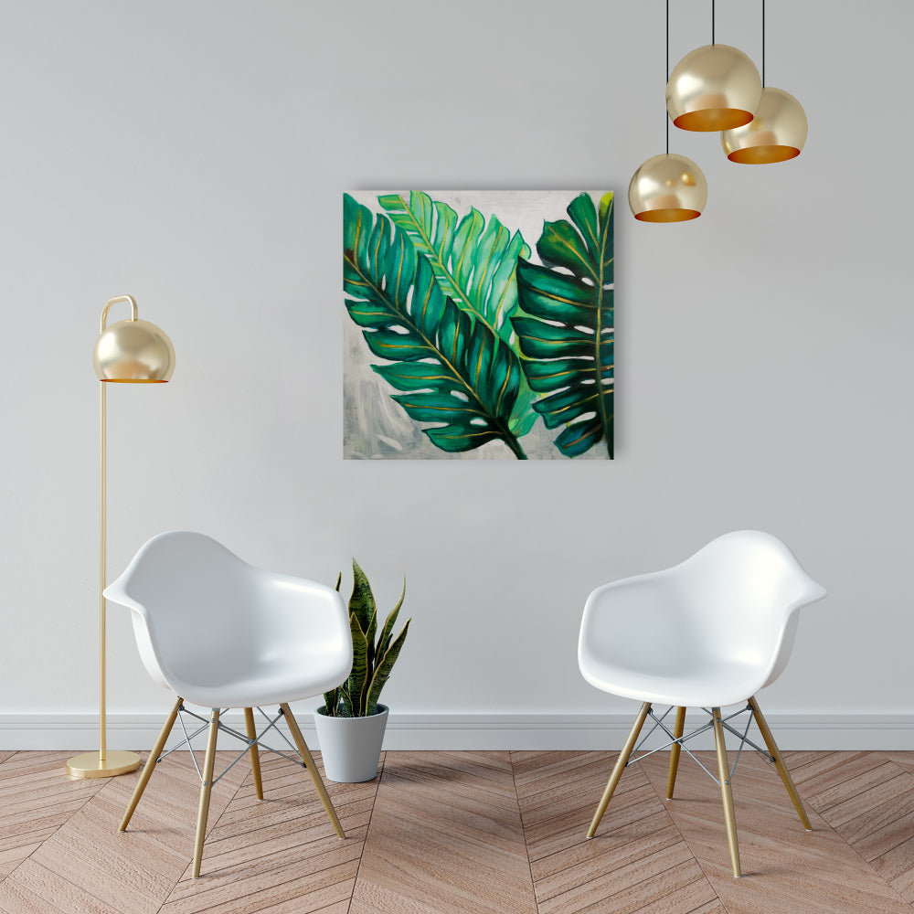 Bedroom Green Botanical Canvas - Three Exotic Plant Leaves Decor