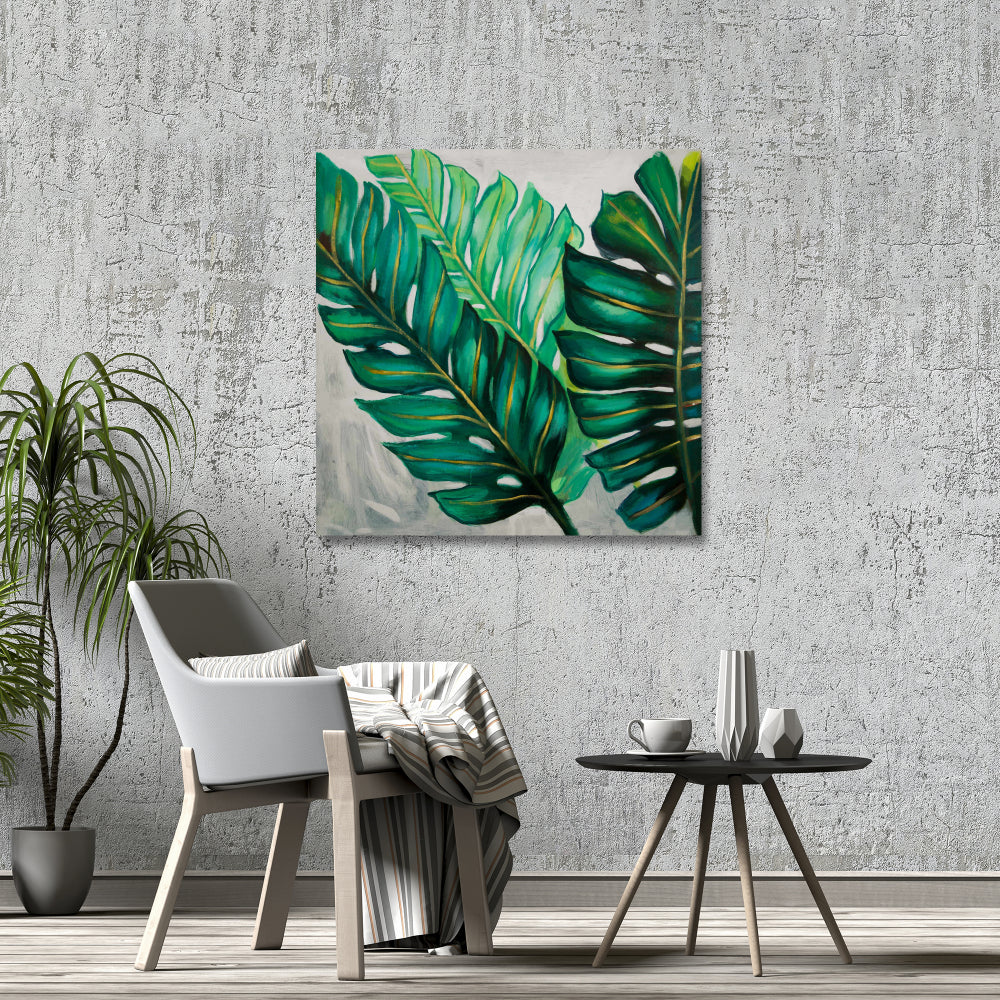 Bedroom Green Botanical Canvas - Three Exotic Plant Leaves Decor