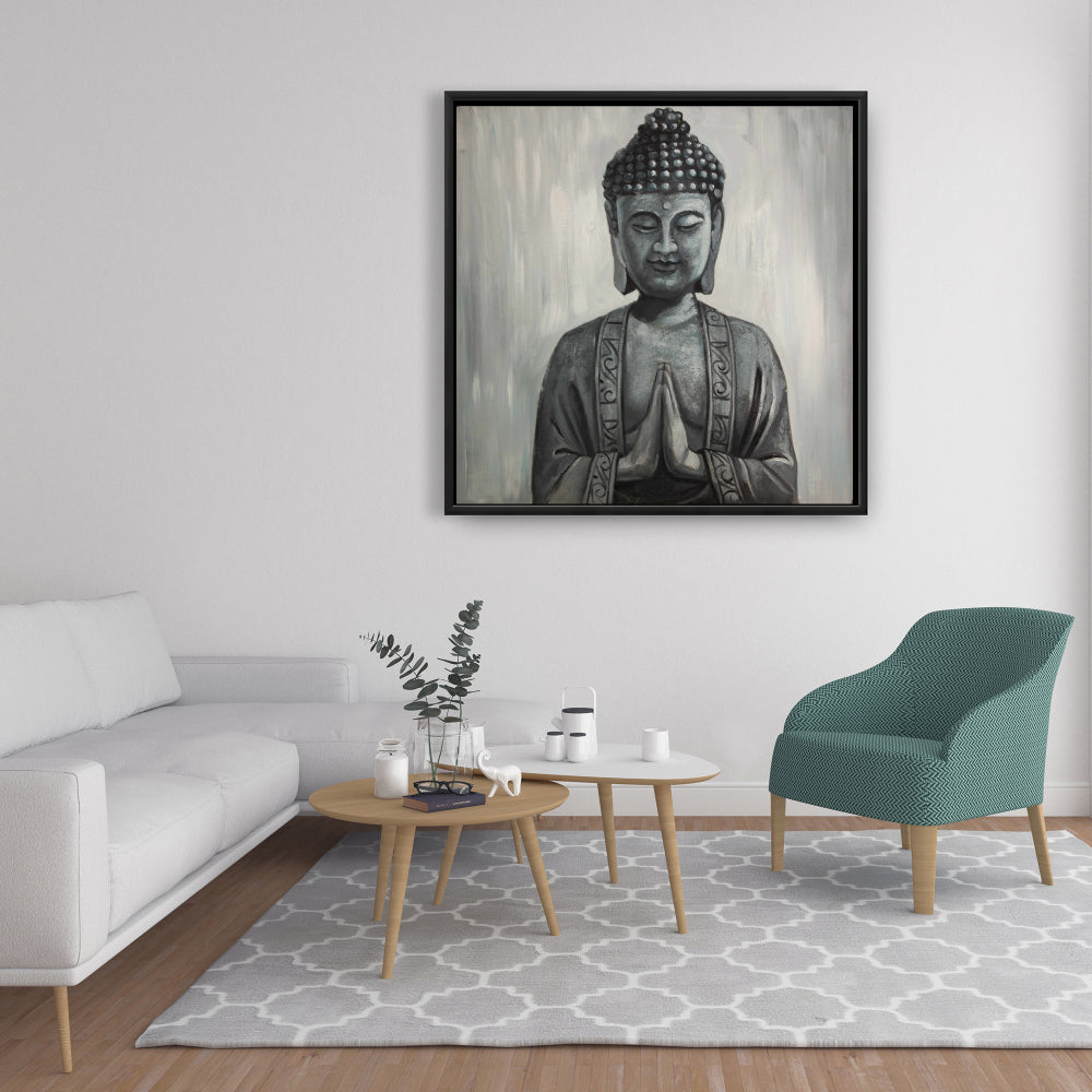 Gray Asian Framed Buddha Canvas | Elegant Bedroom Wall Art