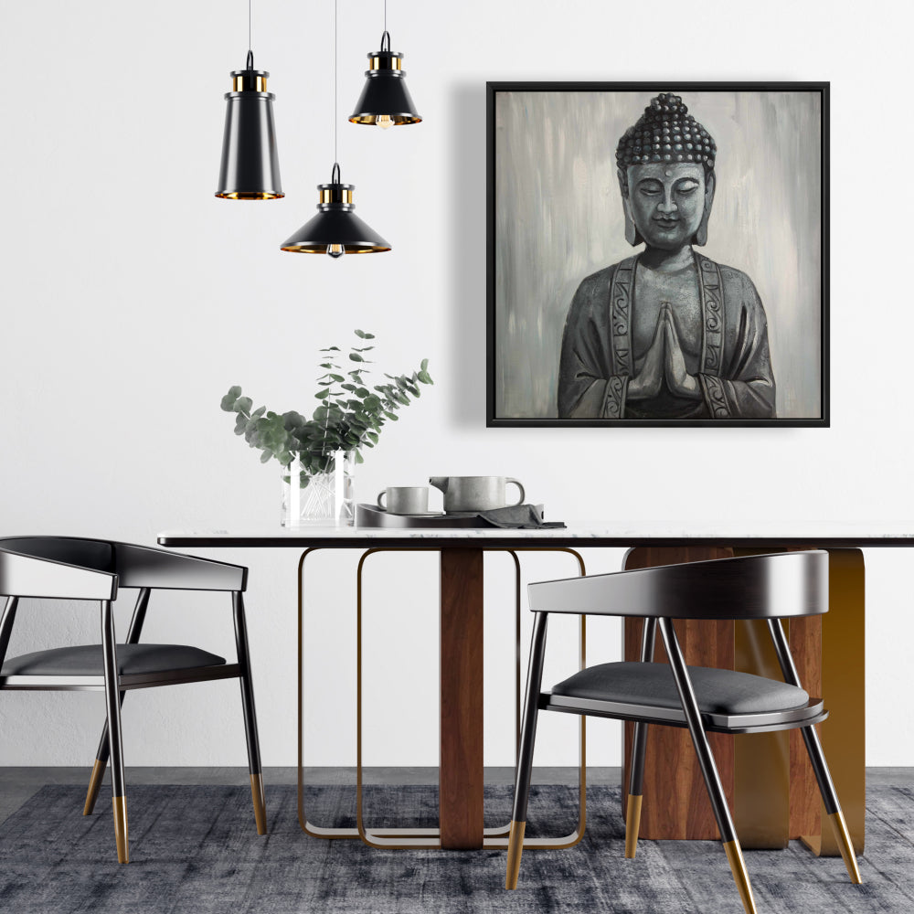 Gray Asian Framed Buddha Canvas | Elegant Bedroom Wall Art