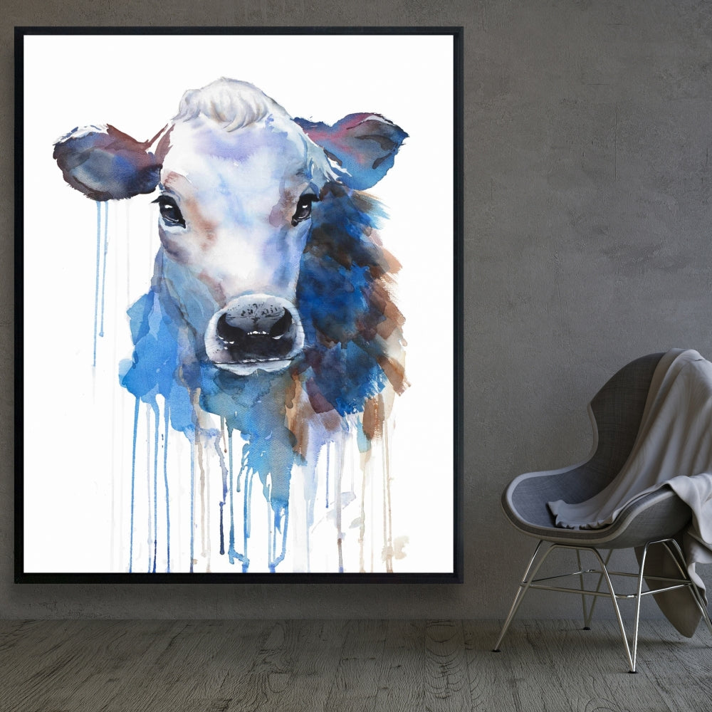Toile encadrée aquarelle représentant une vache Jersey | Décoration de style campagnard