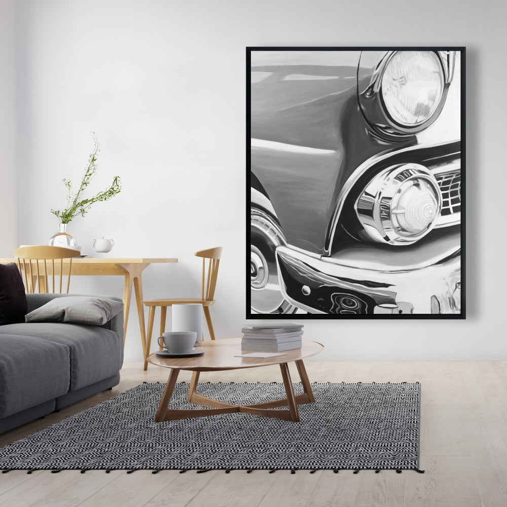 Magnifique toile encadrée monochrome représentant une vieille voiture | Décoration d'intérieur