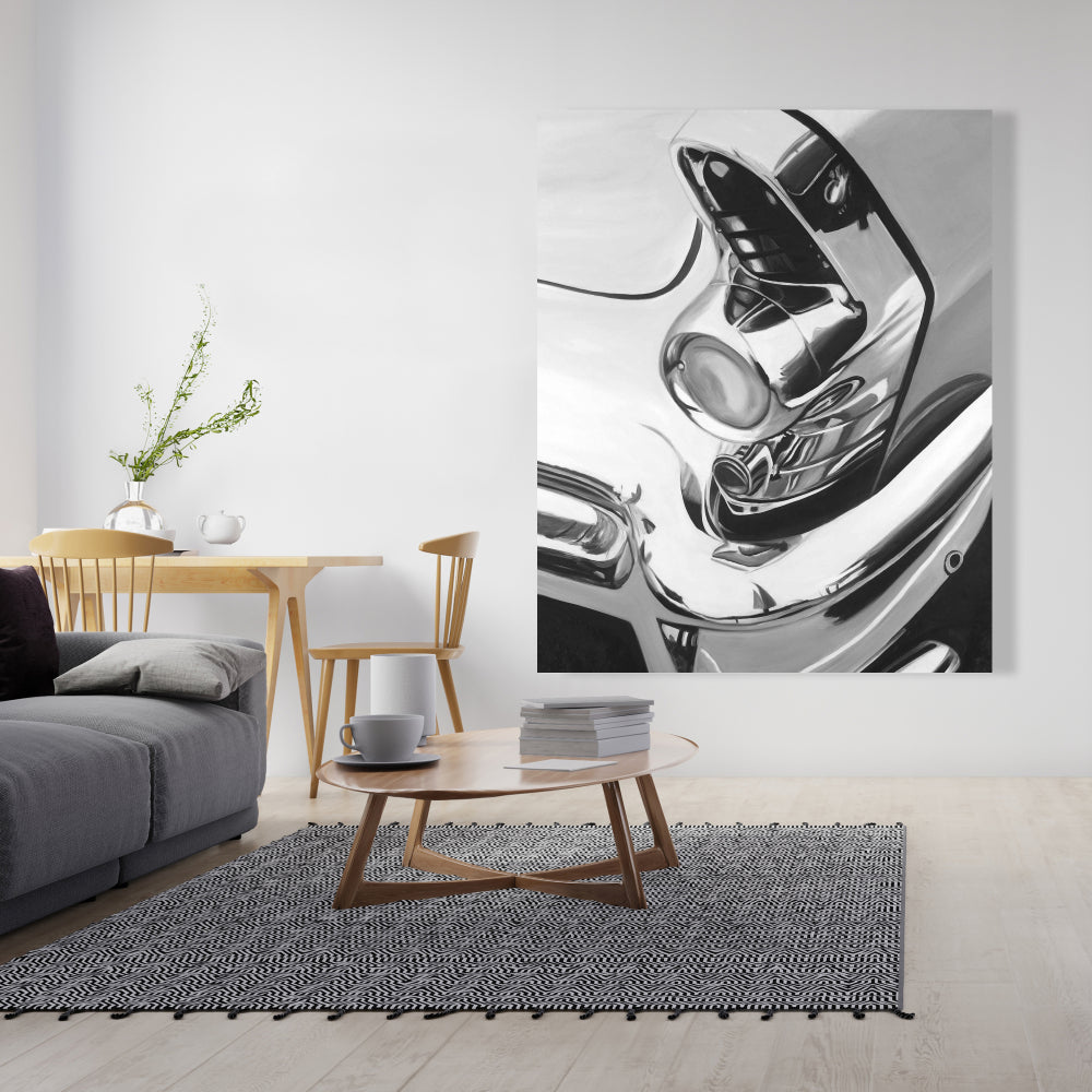 Magnifique toile chromée représentant une voiture | Décoration d'intérieur monochrome