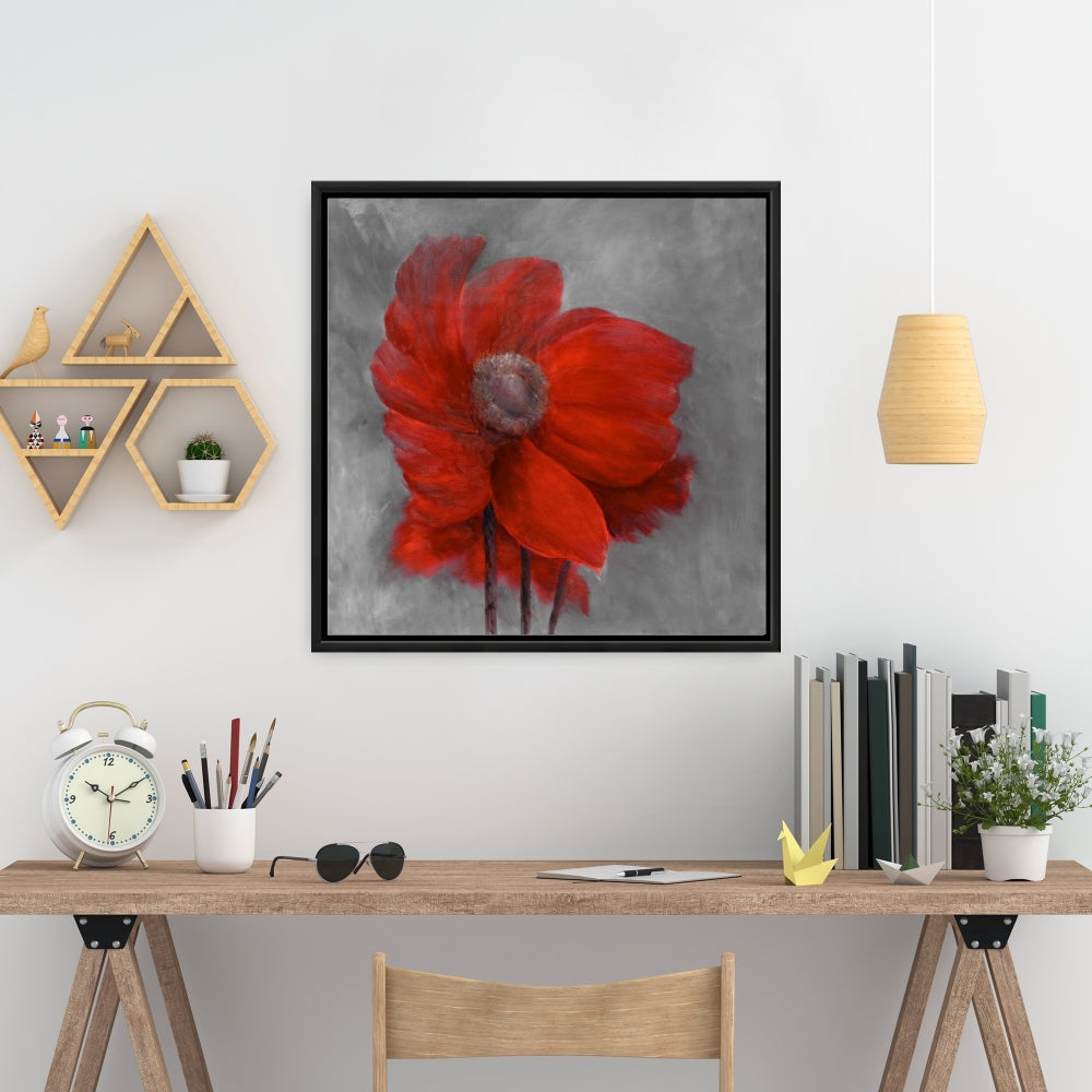 Fleur rouge dans le vent | Décoration botanique grise pour chambre à coucher