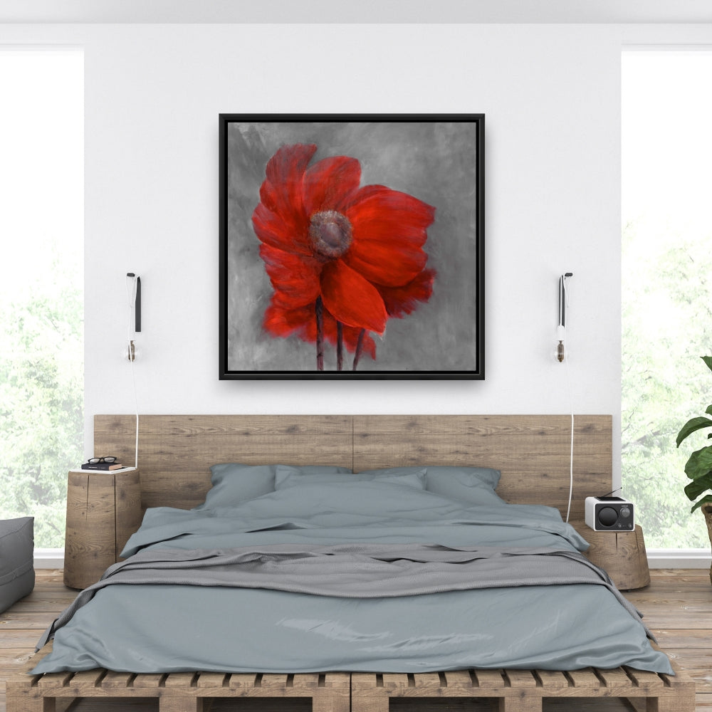Fleur rouge dans le vent | Décoration botanique grise pour chambre à coucher