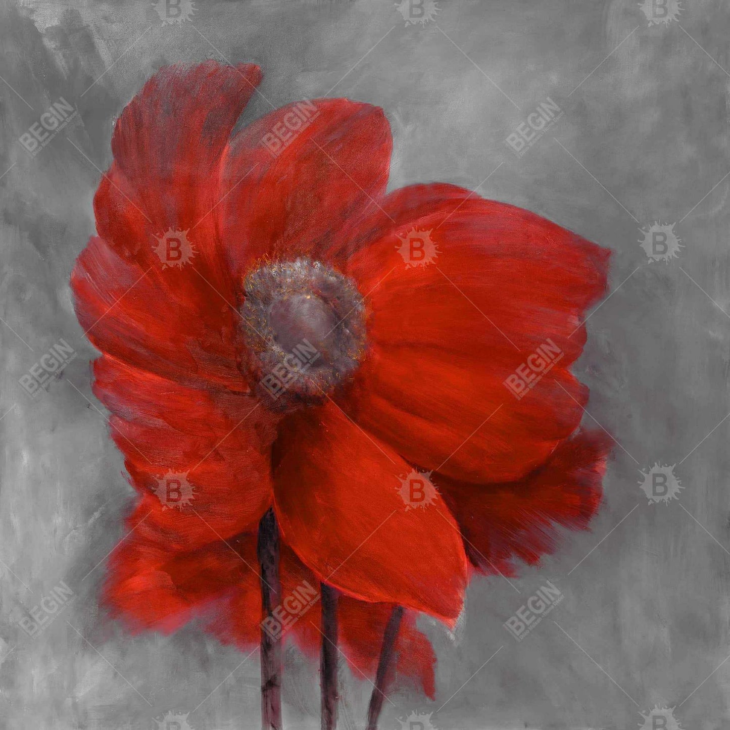 Fleur rouge dans le vent | Décoration botanique grise pour chambre à coucher
