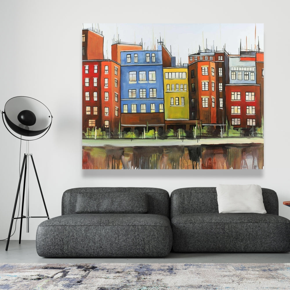 Boston Colorful Buildings Canvas - Blue Bedroom Wall Art Decor