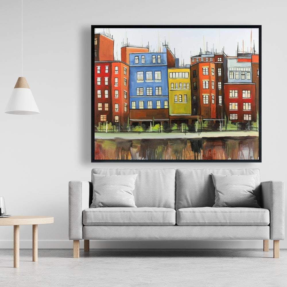 Boston Colorful Buildings Canvas - Blue Bedroom Wall Art Decor