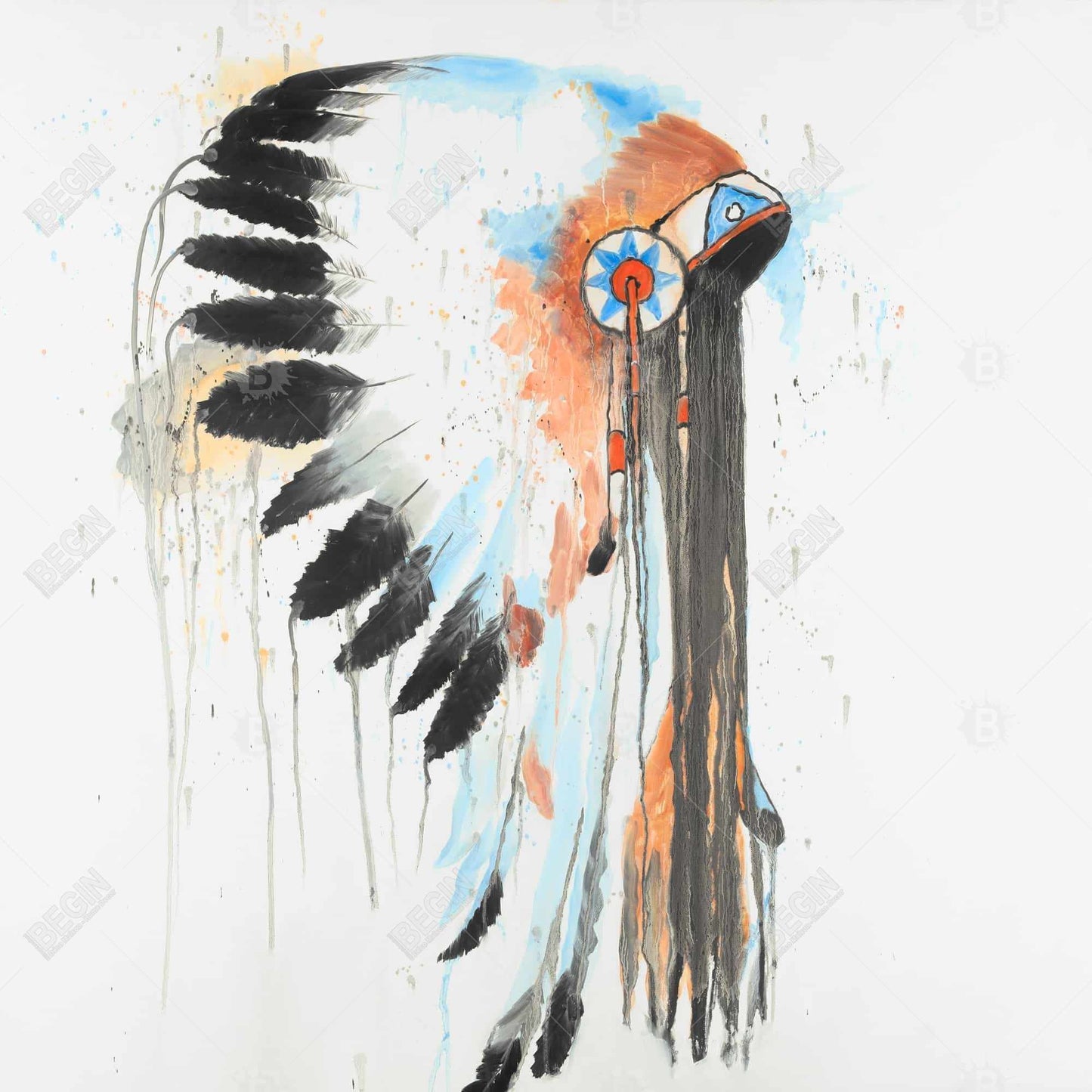 Indian War Bonnet Canvas | Ethnic Blue Home Decor Artwork